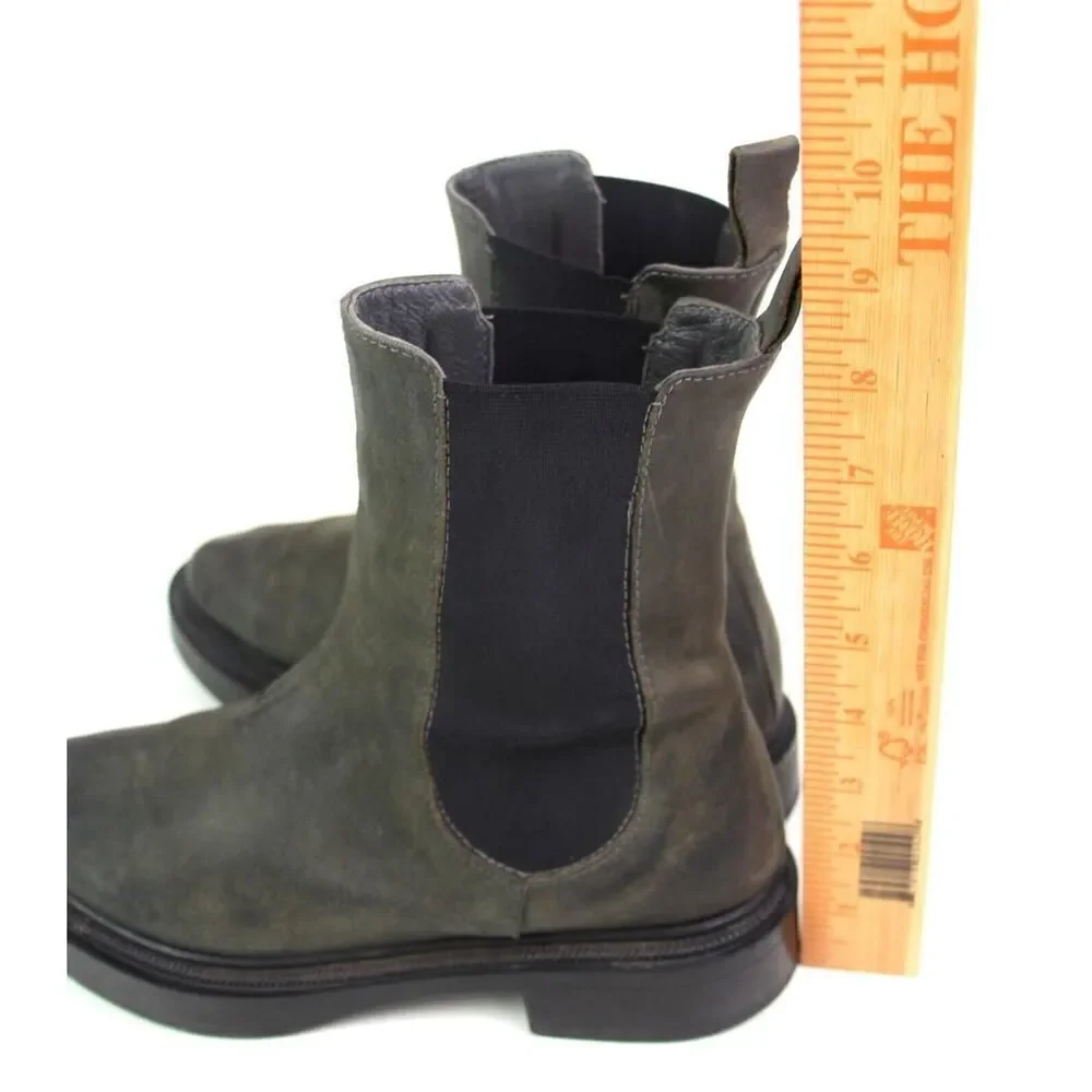 ALL BLACK GRAY REAL LEATHER LOW HEEL ROUND TOE ELASTIC SIDES ANKLE BOOTS Sz 37